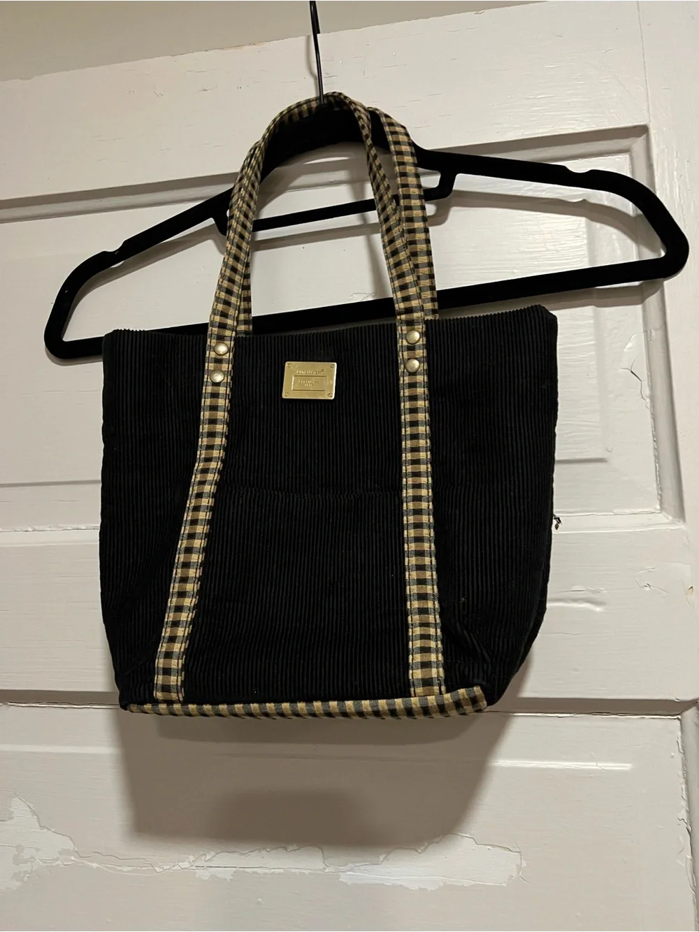 Longaberger Black Corduroy Tote with Beige Plaid Trim vintage
